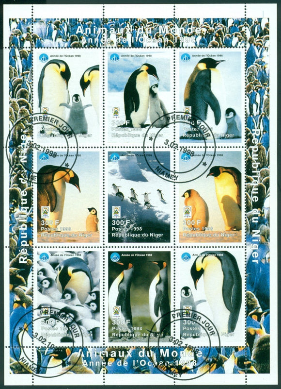 Niger Scott #1010 Used FIRST DAY CANCEL Sheet of 9 Penguins FAUNA CV$5+
