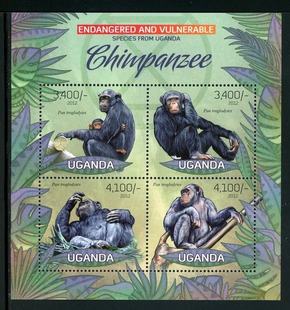 Uganda Scott #2003 MNH SHEET of 4 Chimpanzees FAUNA 2012 CV$11+ TH-1