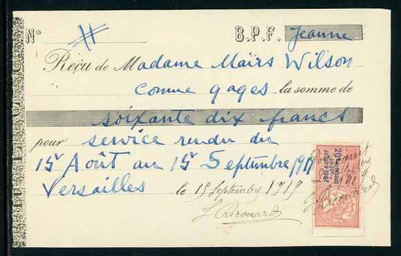 France OS #46 ON PIECE Tax Receipt w/Stamp 20c 1919 $$ TH-1