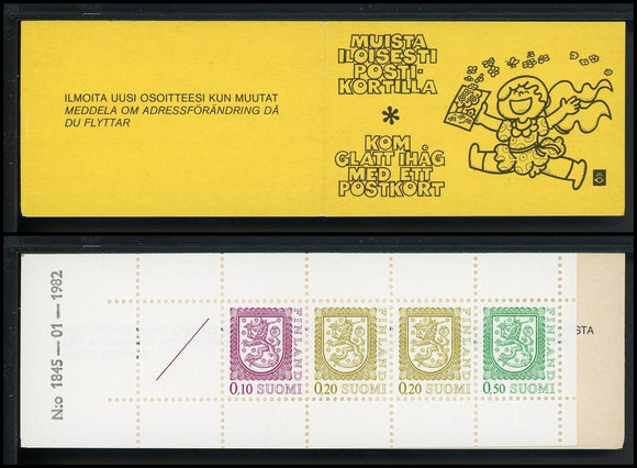 Finland Scott #555a MNH BOOKLET Arms 10p 2x20p 50p Cover Yellow CV$2+