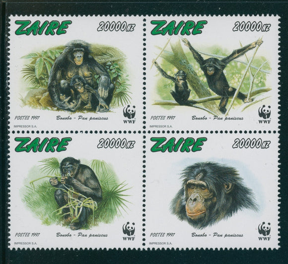 Zaire Scott #1466 MNH BLOCK of 4 Bonobos FAUNA WWF CV$20+