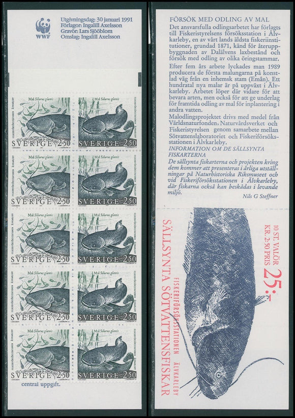Sweden Scott #1868b MNH BOOKLET of 10 Fish FAUNA 1991 CV$8+