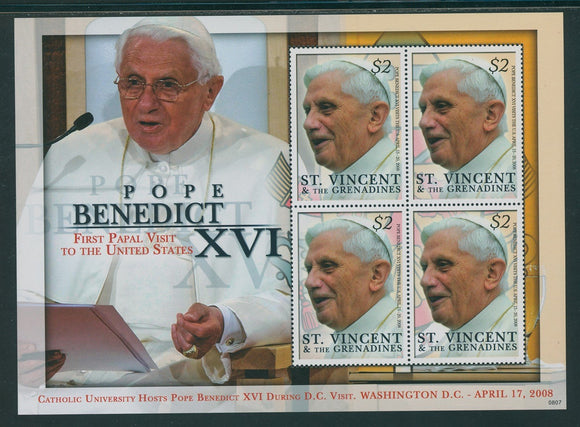 St. Vincent Scott #3611 MNH SHEET of 4 Pope Benedict XVI Visit to New York CV$5+