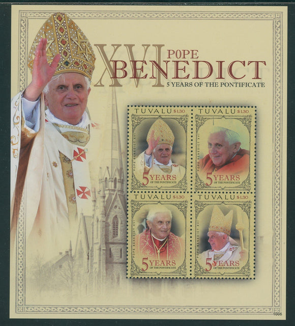 Tuvalu Scott #1104G MNH S/S Pope Benedict XVI Pontificate 5th ANN CV$9+