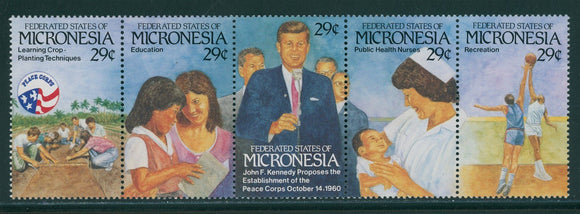 Micronesia Scott #150 MNH STRIP of 5 John F. Kennedy JFK Peace Corps CV$2+