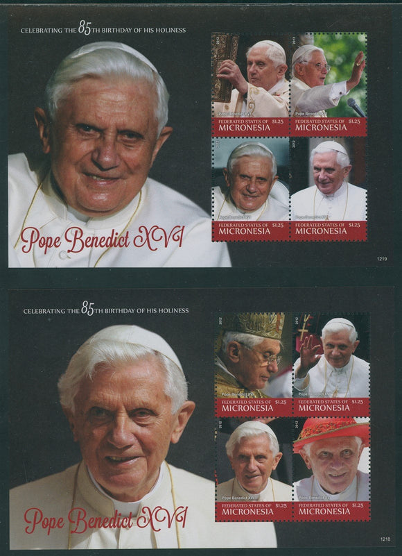 Micronesia Scott #987-988 MNH SHEETS of 4 Pope Benedict XVI 85th Birthday CV$20+