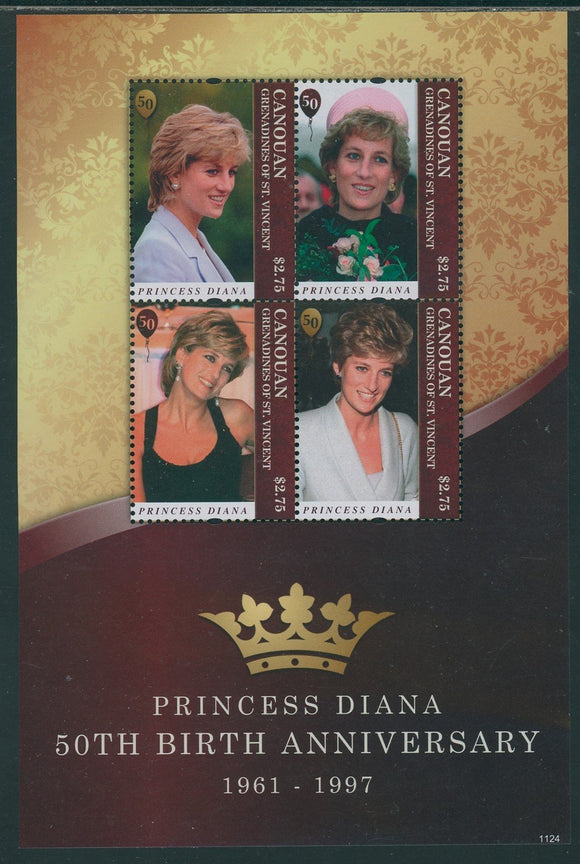 Princess Diana MNH SHEET of 4 Canouan 2011 50th Birth ANN $$