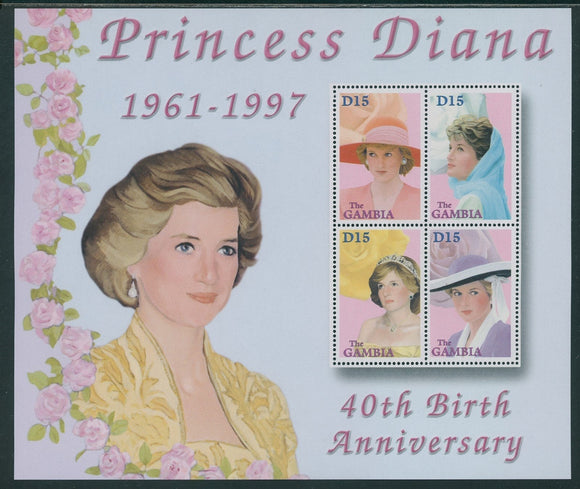 Gambia Scott #2566 MNH SHEET of 4 2002 Princess Diana 40th Birth ANN CV$12+