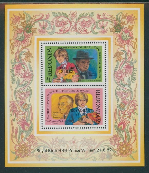 Redonda OS #100 MNH S/S OVPT Birth of Prince on Princess Diana 21st B'Day $$