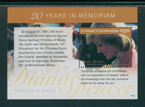 St. Vincent Scott #4098 MNH S/S 2017 Princess Diana 20th Memorial ANN CV$7+