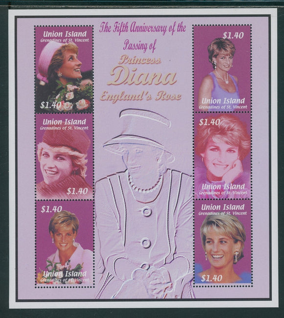 SVG Union I Scott #268 MNH SHEET 2002 Princess Diana 5th Memorial ANN CV$6+