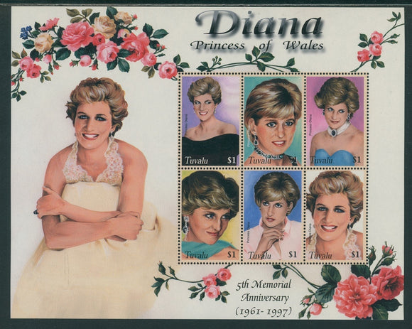 Tuvalu Scott #899 MNH SHEET 2002 Princess Diana 5th Memorial ANN CV$7+