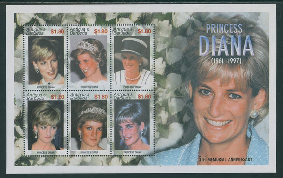 Antigua Scott #2578 MNH SHEET of 6 2002 Princess Diana 5th Memorial ANN CV$7+