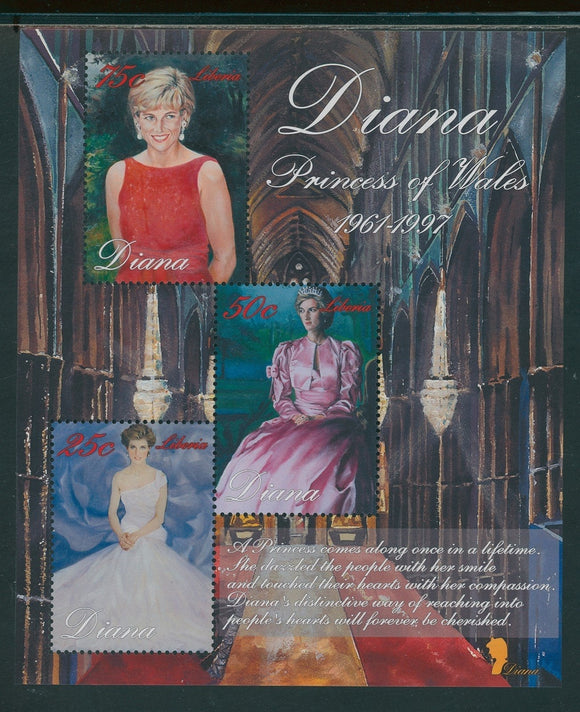 Liberia OS #25 MNH SHEET of 3 Princess Diana 1961-1997 In Memoriam $$
