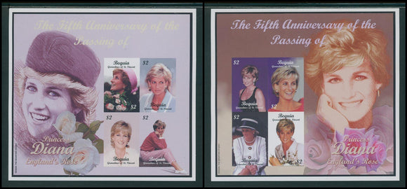 SVG Bequia Scott #317-318 IMPERF MNH SHEETS 2002 Princess Diana 5th Memorial $$