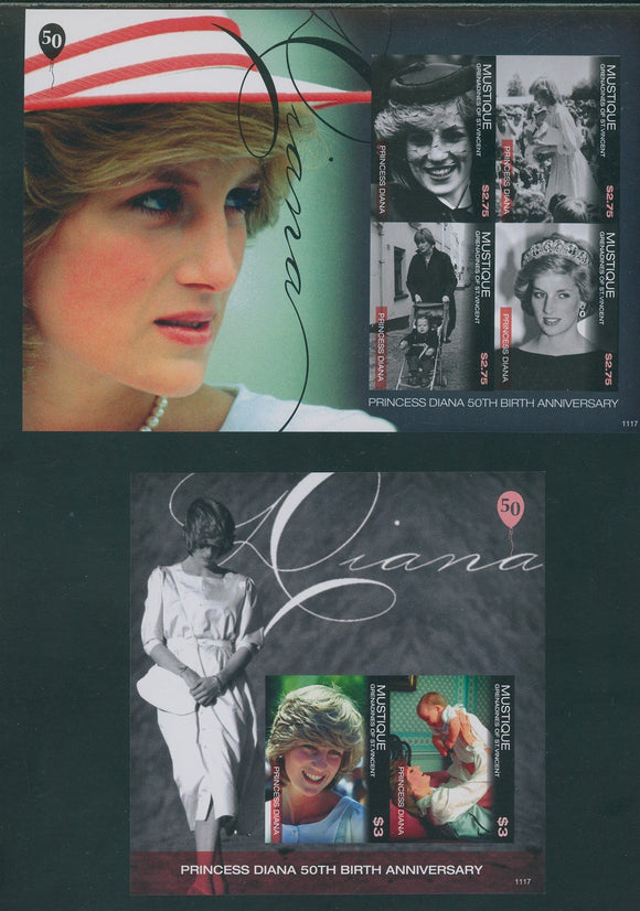 SVG Mustique OS #7 IMPERF MNH SHEETS 2011 Princess Diana's 50th Birth ANN $$