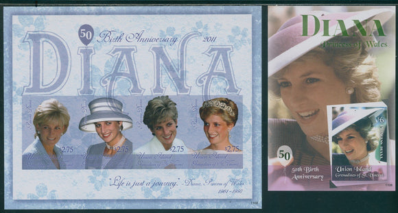 SVG Union I OS #10 IMPERF MNH SHEETS 2011 Princess Diana's 50th Birth ANN $$