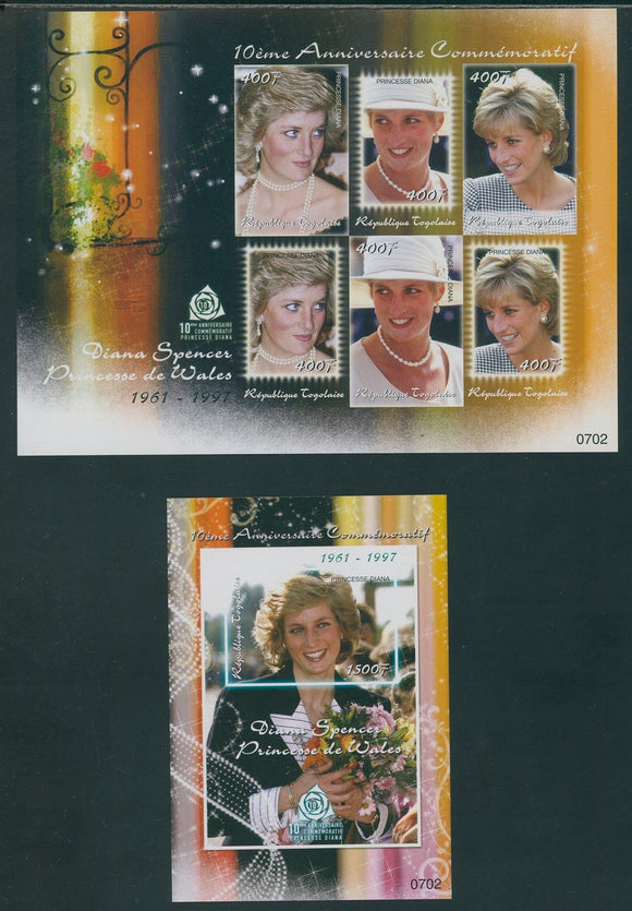 Togo Scott #2062-2063 IMPERF MNH SHEETS 2008 Princess Diana 10th Memorial ANN $$