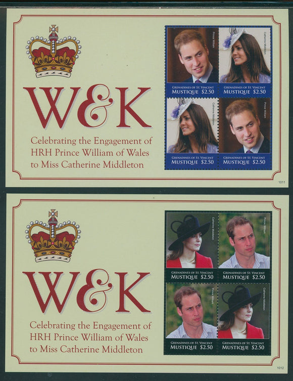 SVG Mustique OS #10 MNH SHEETS of 4 Prince William/Ms Middleton Engagement $$