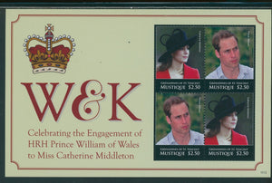 SVG Mustique OS #13 MNH SHEET of 4 Prince William/Ms Middleton Engagement $$
