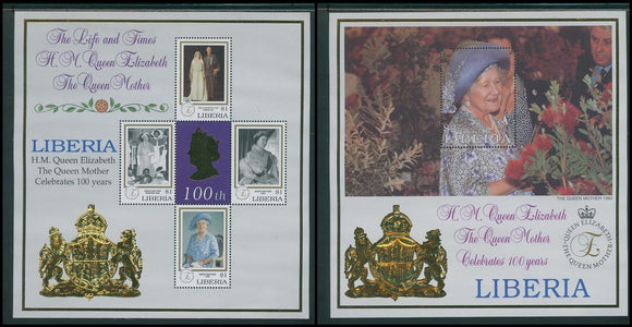 Liberia Scott #1475-1476 MNH SHEETS Queen Mother Elizabeth Centenary CV$14+