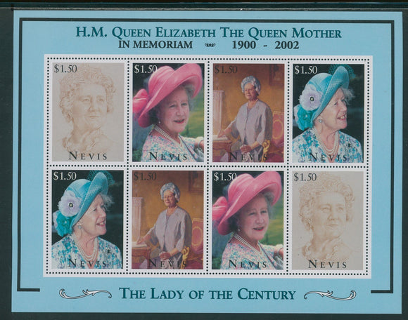 Queen Mother Elizabeth OS #8 MNH SHEET of 8 (1900-2002) Nevis $$