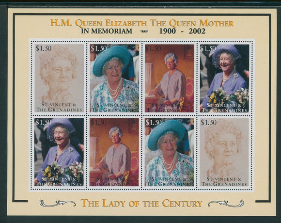 Queen Mother Elizabeth OS #9 MNH SHEET of 8 (1900-2002) St. Vincent $$