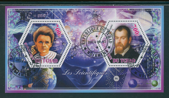 Chad OS #8 FIRST DAY CANCEL 2014 SHEET of 2 Curie and Galileo $$