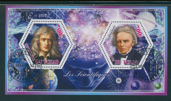 Chad OS #9 FIRST DAY CANCEL 2014 SHEET of 2 Newton and Faraday $$