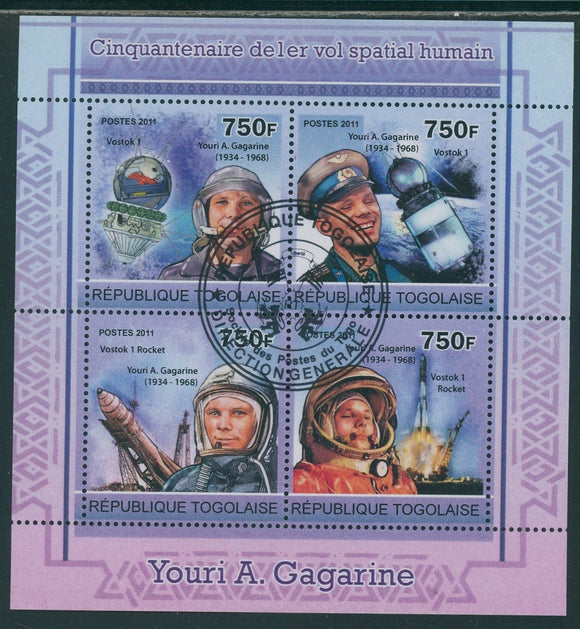 Togo OS #45 FIRST DAY CANCEL SHEET of 4 2011 Yuri Gagarin $$