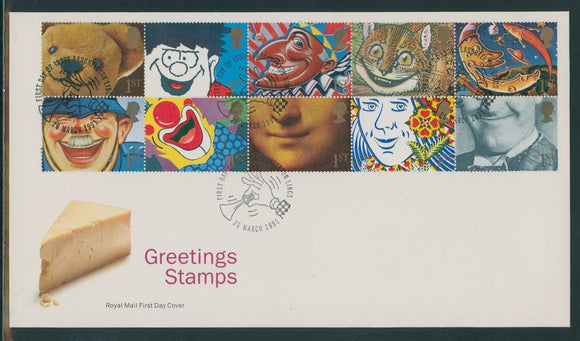 Great Britain Scott #1313a FIRST DAY COVER PANE of 10 Greeting Stamps, Smiles $$