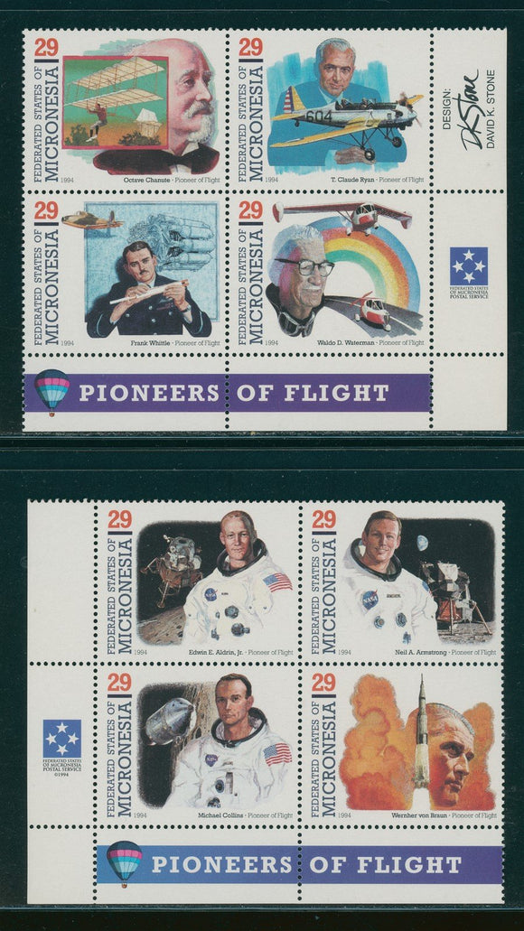 Micronesia Scott #191 MNH BLOCKS of 4 (2) Pioneers of Flight 1994 CV$5+ os1