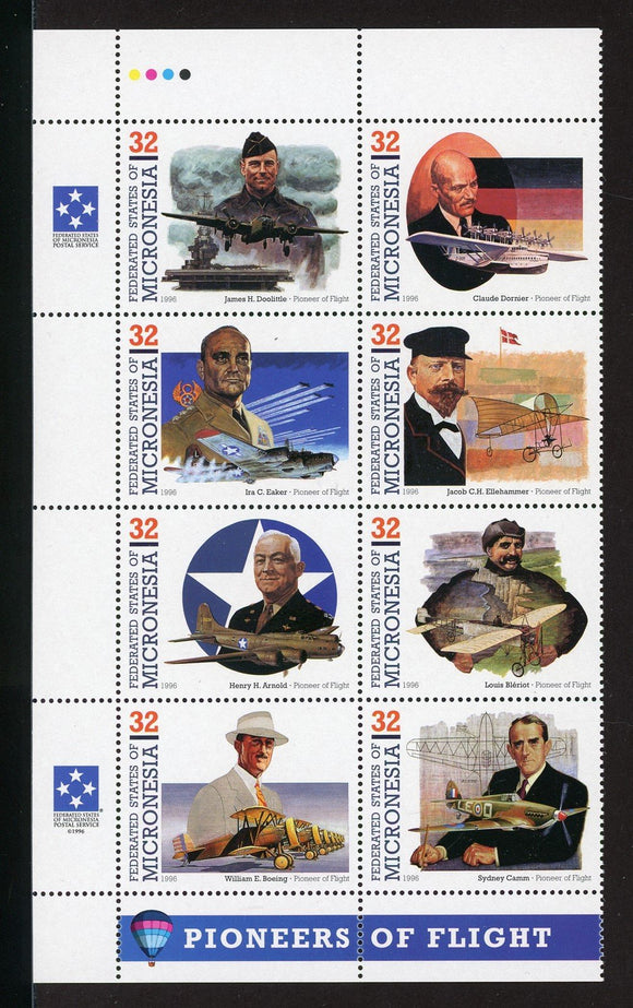 Micronesia Scott #238 MNH BLOCK of 8 Pioneers of Flight 1996 32c CV$5+