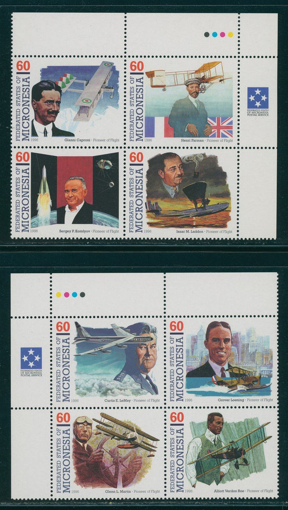 Micronesia Scott #249 MNH BLOCKS of 4 (2) Pioneers of Flight 1996 60c CV$12+ os1