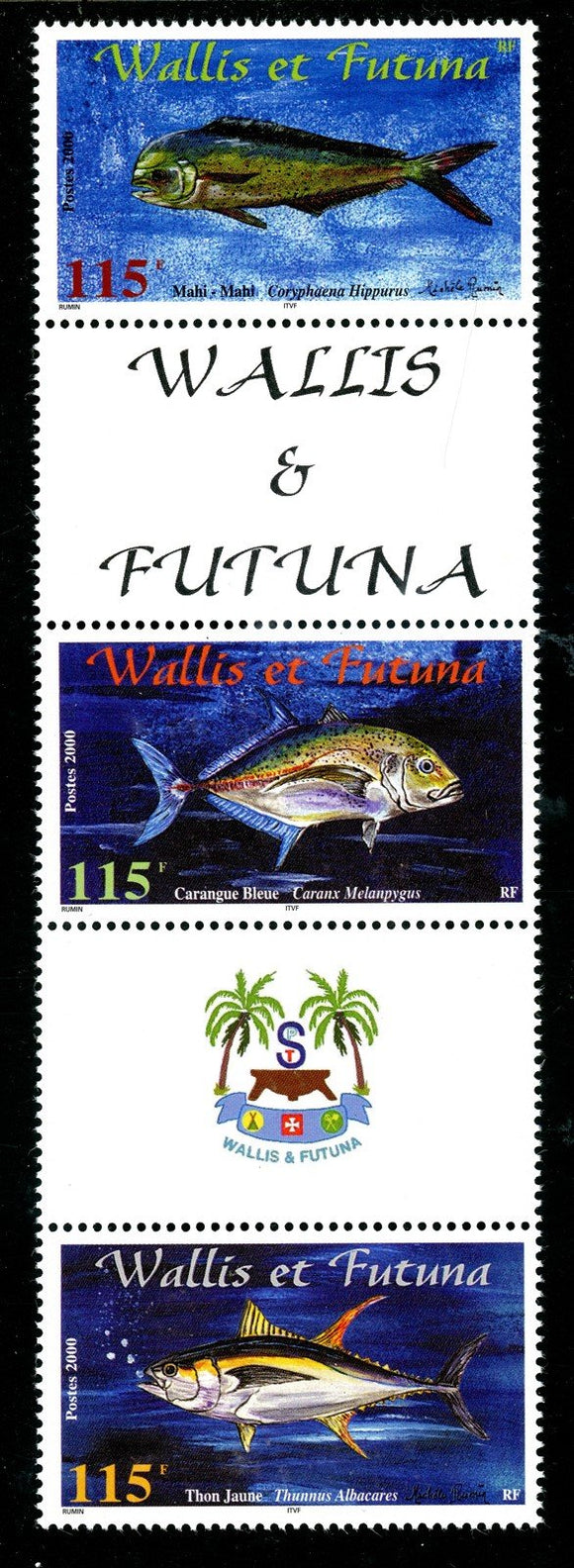Wallis & Futuna Scott #533 MNH STRIP of 3 w/Labels Fish FAUNA CV$7+