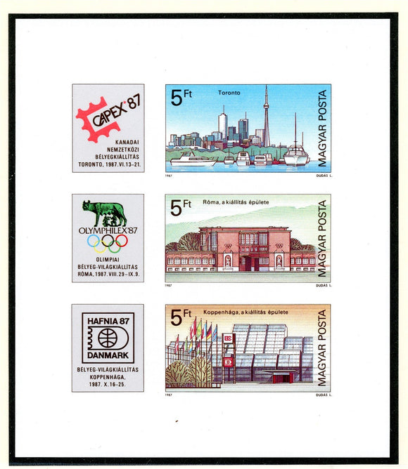 Hungary Scott #3071 IMPERF MNH SHEET of 3 1987 Stamp EXPOS CV$15+