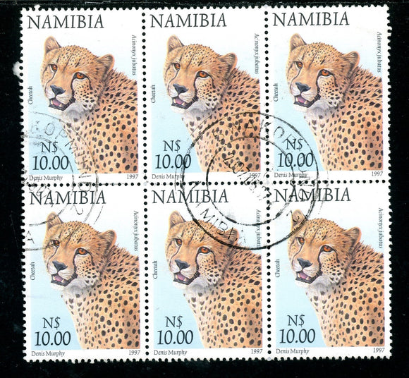 Namibia Scott #870 USED BLOCK of 6 Cheetah $10 FAUNA CV$12+ os2