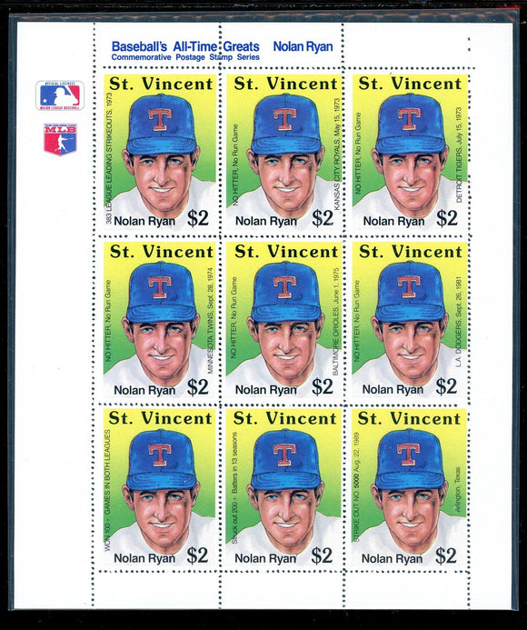 St. Vincent Scott #1276 MNH S/S of 9 Nolan Ryan Baseball Great CV$12+