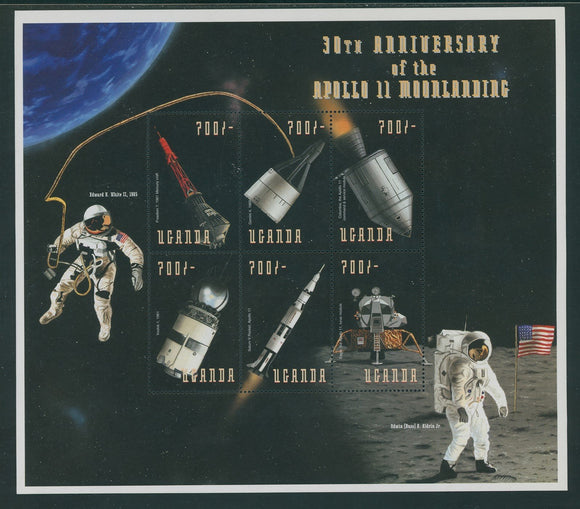 Uganda Scott #1604 MNH SHEET of 6 Apollo 11 Moon Landing 30th ANN CV$8+
