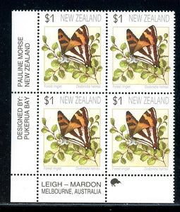 New Zealand Scott #1075 MNH INSCRIPTION BLOCK Butterflies Insects FAUNA $$