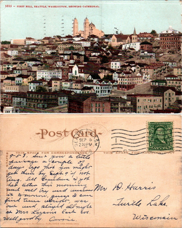 1908 Postcard from Seattle of View of First Hill sent to Wisconsin $