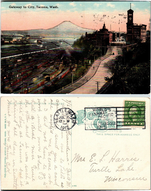 1912 Postcard from Tacoma of Gateway to the City sent to Wisconsin $