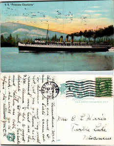 1912 Postcard from Seattle of "Princess Charlotte" steamship to Wisconsin $