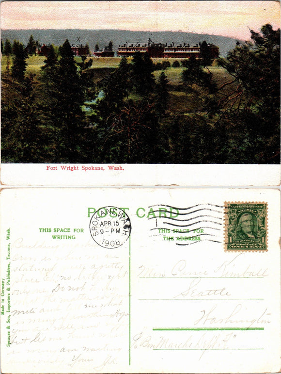 1908 Postcard from Spokane of Fort Wright sent to Seattle $