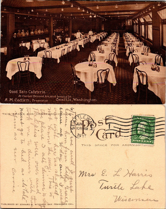 1911 Postcard from Seattle of Restaurant sent to Wisconsin $