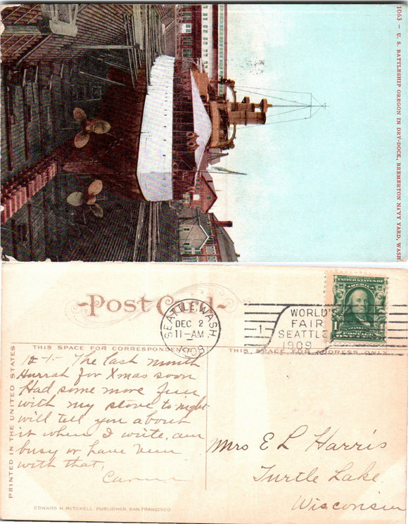 1909 Postcard from Bremerton Navy Yard sent to Wisconsin $