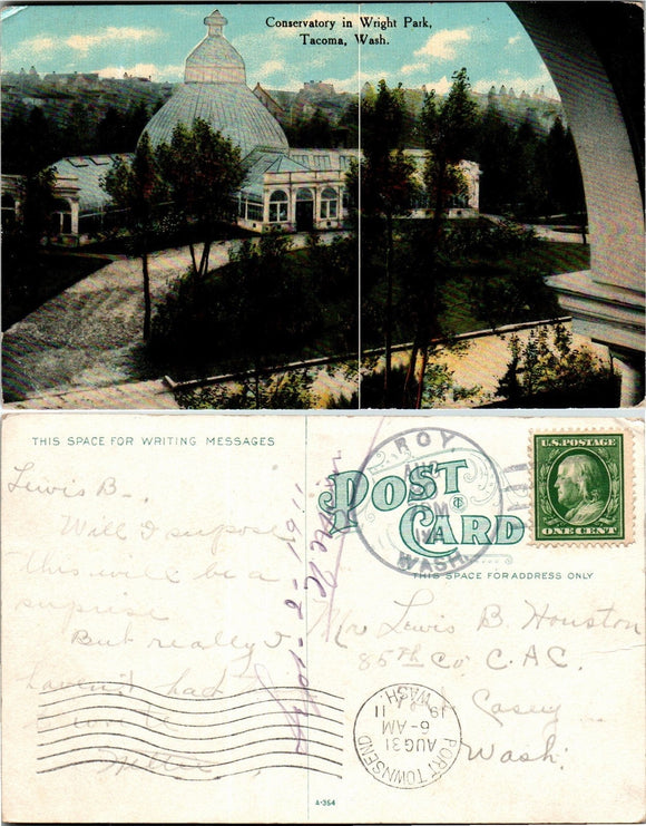 1911 Postcard from Tacoma of Wright Park sent to Wisconsin $
