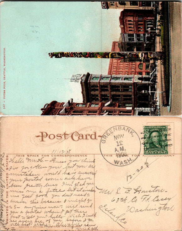 1908 Postcard from Seattle of Totem Pole sent to Ft. Casey WA $