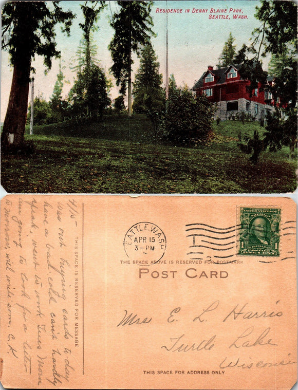 1915 Postcard from Seattle of Denny Blaine Park sent to Wisconsin $