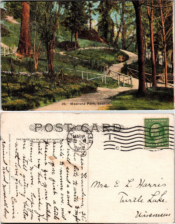 1912 Postcard from Seattle of Madrona Park sent to Wisconsin $
